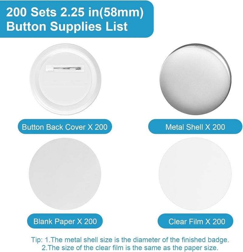 KUNTAERY 200 Sets 2.25 Inch Button Maker Supplies, 58mm Round Badge Parts with Metal Covers, Plastic Pin Backs, Clear Film & Blank Paper, Perfect for Button Maker Machine & Badge Press - Image 2
